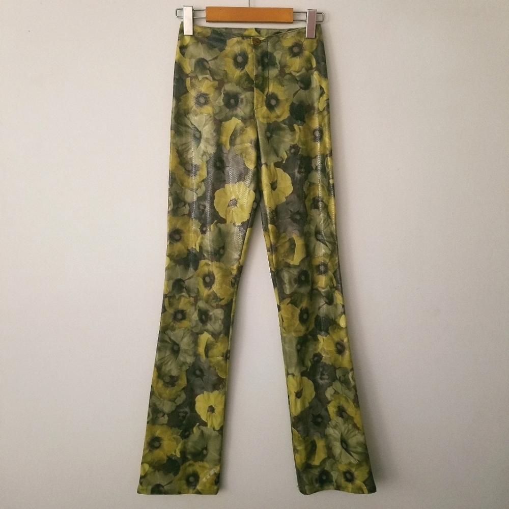 🇫🇷 TARK 1 90s Y2K Shiny Floral Flare Pants Size T1 / XS